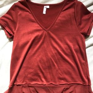 Red V-neck shirt with lace trim